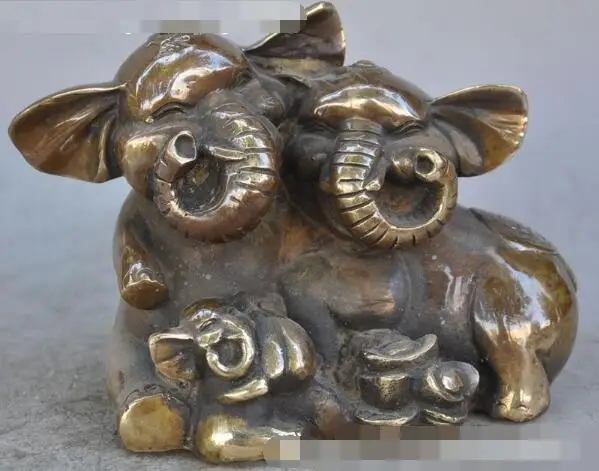 

S01339 chinese bronze fengshui animal Elephants Baby wealth yuanbao money family statue (A0321)