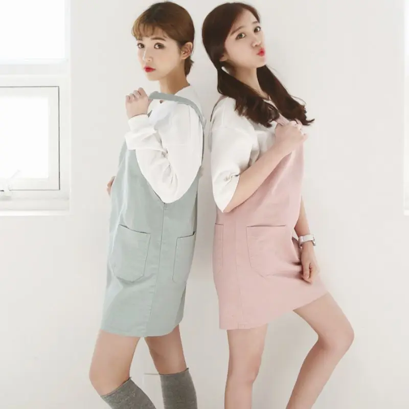 

Women Straps Dress Sweet College Style Pocket Solid Color Casual Loose Short Dress