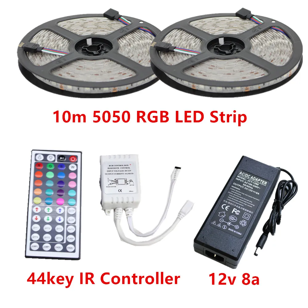 cheap 10M RGB Led Strip 5050 Waterproof IP20 65 60LED M DC12V LED Strip Light 300 LEDs+44 Keys Remote Controller +12v 8a power