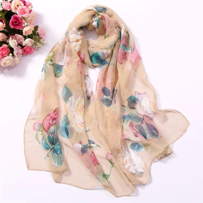 Fashion Women Roses Printing Long Soft Wrap Scarf Simulation Silk Shawl women's scarves handkerchief hijab scarf 40MA0618