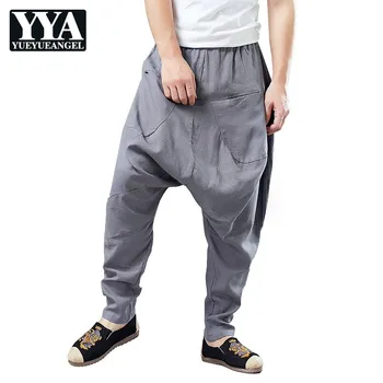 

2019 Spring Hip Hop Loose Harem Pants Men Joggers Vintage Solid Casual Cross-Pants Elastic Waist Pencil Trousers Male Streetwear