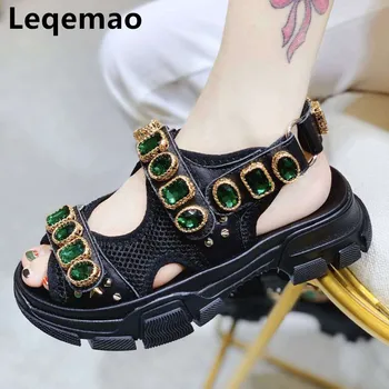 

New Summer Rhinestone Diamond Sandals Women Bling Crystal Rivals Studded Platform Flats Heels Air mesh Leather Casual Shoes