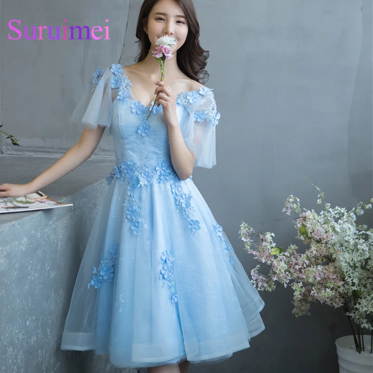 Free shipping 2017 New Arrival Sky Blue Tea Length Prom Dresses with Short Sleeve Used Plus Size ...