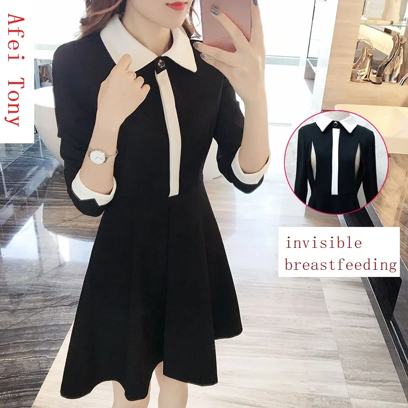 Plus Size S-3XL Spring Autumn Black Maternity Breastfeeding Dress Turn-down Collar Dress Maternity Clothes For Pregnant Dress