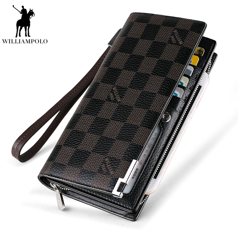 

WILLIAMPOLO England Style Plaid Wallet Handy Clutch Bag Genuine Leather Long Purse Card Holder Fashion Phone Wallet Men PL129