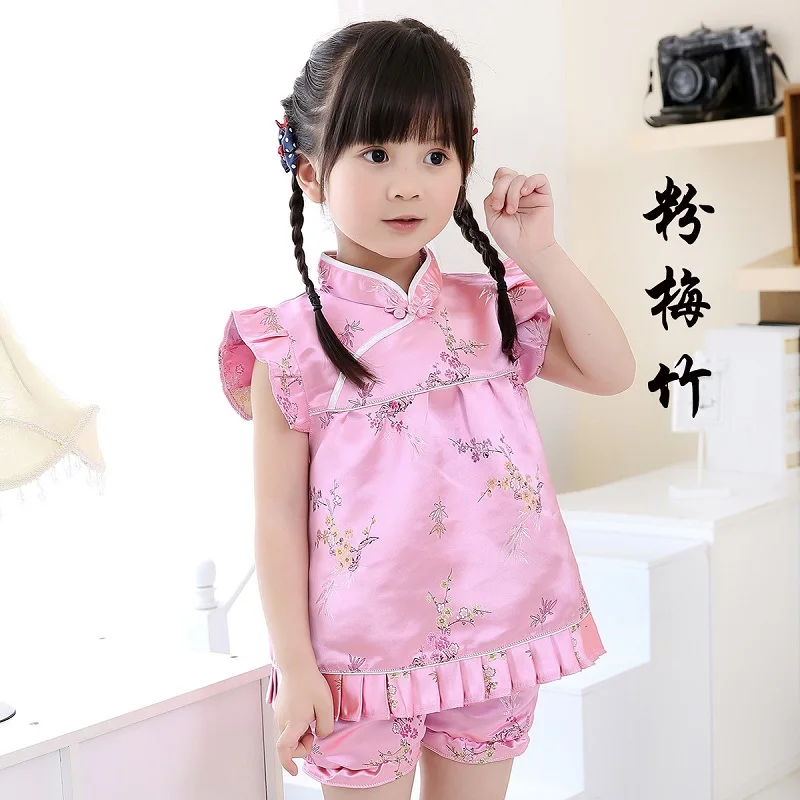 Новые летние детские комплекты Ципао с цветочным принтом, новогодние китайские платья для маленьких девочек, короткие штаны, костюмы чонсам - Цвет: 5
