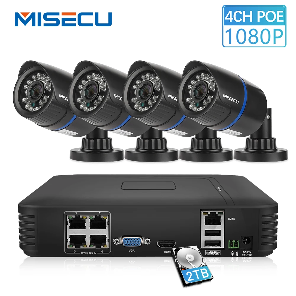 MISECU 1080P POE NVR 4 шт. 2.0mp PoE IP Камера P2P HDMI/VGA 1080P 1 ТБ HDD Ночная ИК просмотр на мобильном наружного видеонаблюдения