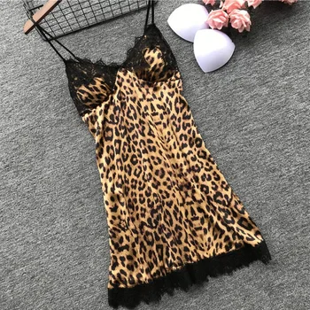 

Summer Women Leopard Sleepwear Silk Nighty Nightdress Sexy Lingerie Nightgown Lady Off Shoulder Nightwear Female Night Home Clot