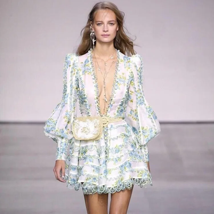 

Summer 2019 New V Neck Lantern Long Sleeve Printed Three-dimensional Waist Dress Women V-Neck Full Print A-Line Dress