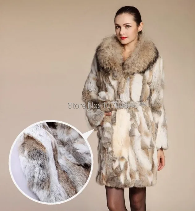 Женская модная куртка из натурального шуба из натурального кролика, воротник из меха енота, зимний женский меховой Тренч, верхняя одежда, пальто 3XL VK1464