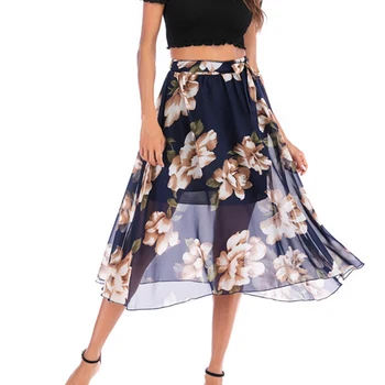 

KLV Women Summer Bohemian Chiffon Loose Beach Long Skirts Female Vacation Style Vintage Print Harajuku Lace Up Sexy Skirt