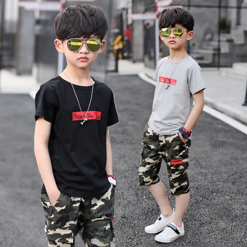 2018 Big boy summer clothing set cotton Short sleeved T shirt+camo