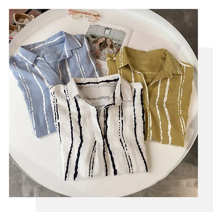 Летняя шифоновая блузка, женские топы, полосатые рубашки с принтом, блузки, модные с v-образным вырезом, рукав летучая мышь, Blusas Femininas F0053