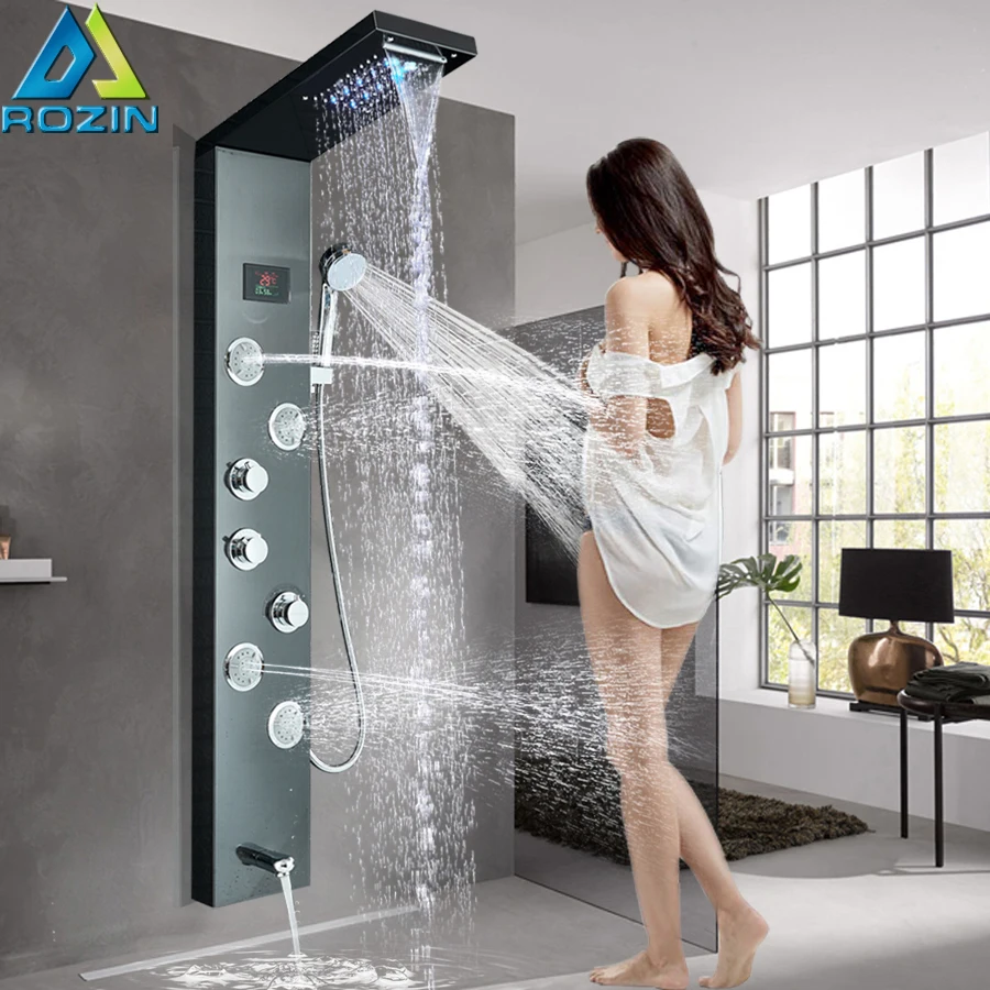 Digital Screen Black Shower Panel Wall Mount LED Light Shower Set