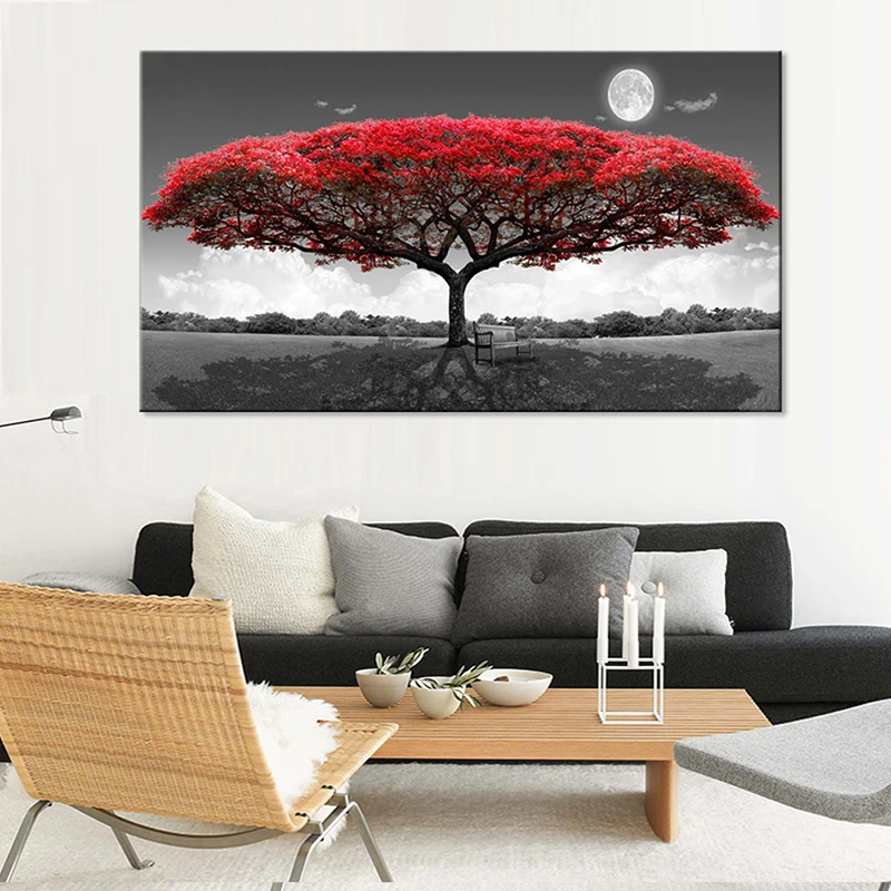 JHLJIAJUN одно красное дерево лес пейзаж холст живопись Горизонтальный Прямоугольник скандинавские картины стены искусства для гостиной украшения спальни