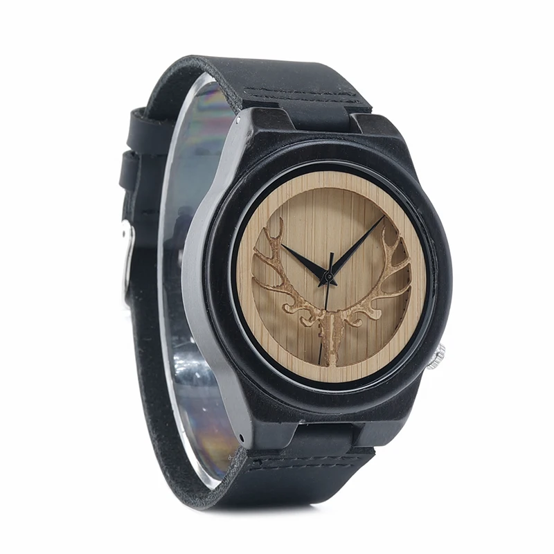 BOBO BIRD WB18 Deer Skeleton Black Wood Watches Leather Band Mens Top Brand Quartz Watches With Wooden Box relogio OEM