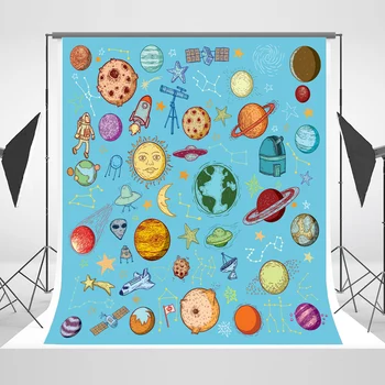 

Cartoon Cosmic Planets Birthday Party Backdrop Constellation Spaceship Spaceman Aliens Baby Shower Background For Photo Studio