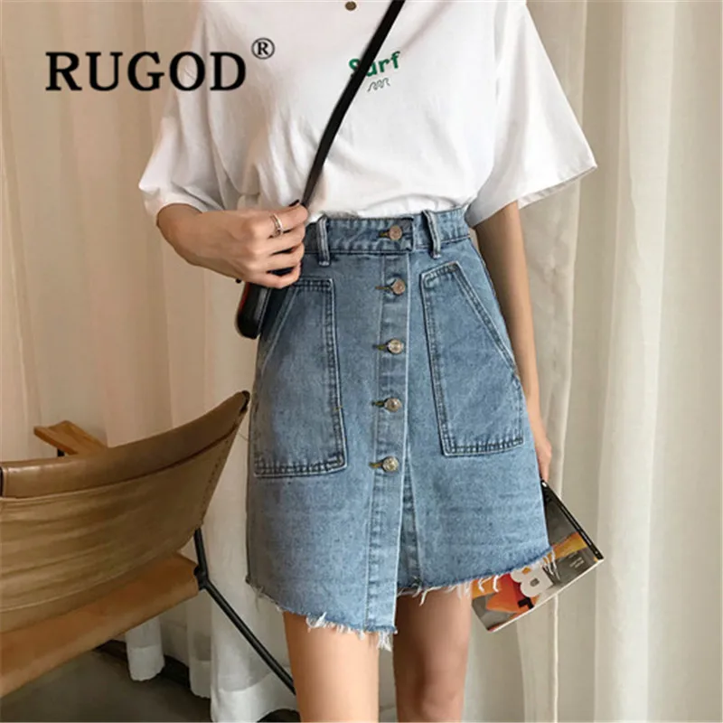 

RUGOD summer skirt high waist denim skirt Single-breasted slim casual faldas mujer moda 2019