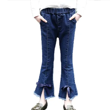 

Bow Tie Ptachwork Girl Denim Pant Spring Kid Clothing Autumn Bell Bottoms Slits Girl Trousers Fall Children Jean Pants Leggings