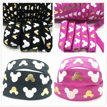 

16mm 10 yards Gold foil Print Fold Over Elastic Cat FOE Ribbon Handband diy Wedding Party Sewing Accessories