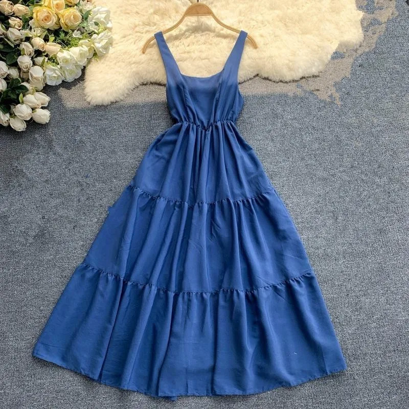Летнее платье в Корейском стиле однотонная эластичная резинка на талии Vestidos Mujer