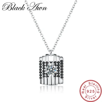 

[BLACK AWN] 925 Sterling Silver Fine Jewelry Trendy Engagement Necklace for Women Black Spinel Necklaces Pendants P024