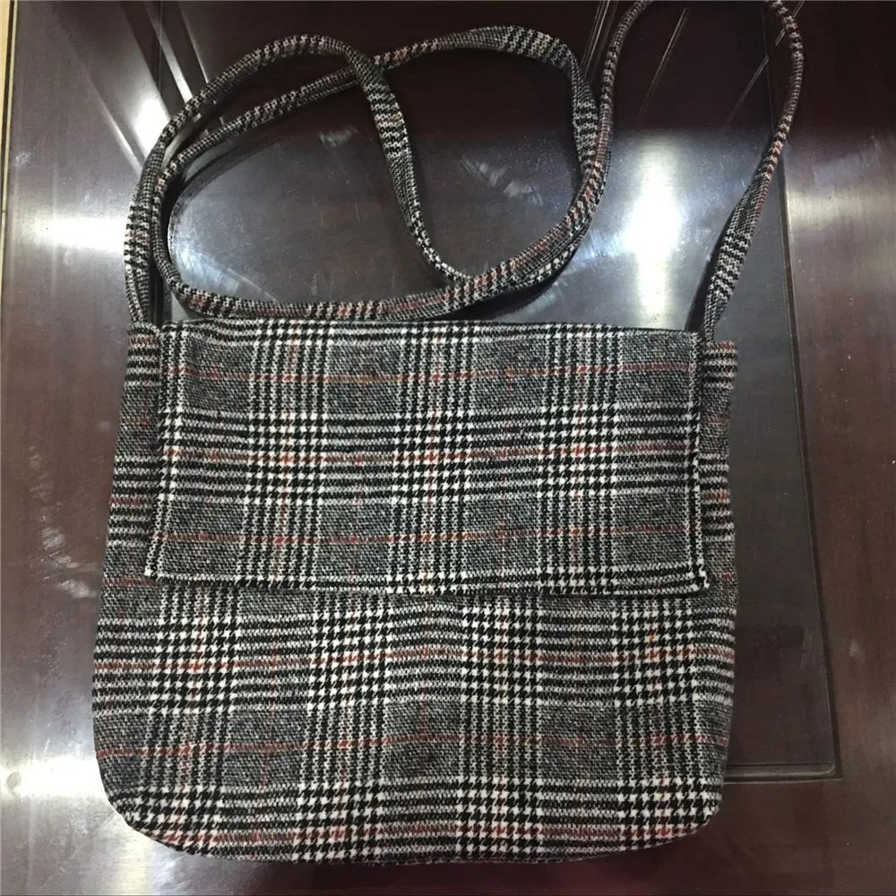 

YILE Handmade Wool Red White Brown Tartan Cross Body Flap Messenger Bag M09