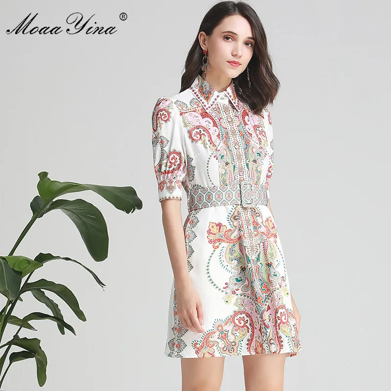 

MoaaYina Fashion Designer Runway dress Spring Summer Women Dress Puff Sleeve Belt Vintage Print Vacation Party Dresses