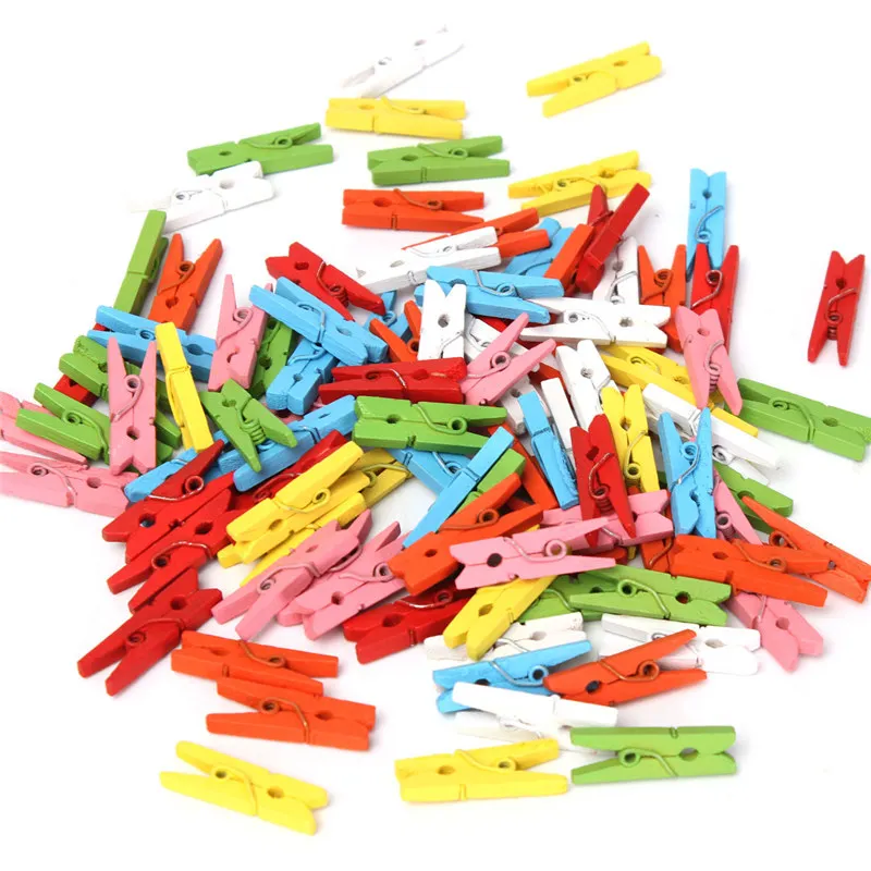 

New 100 pcs 25mm Mini Color Wooden Craft Pegs Clothes Paper Photo Hanging Spring Clips Clothespins For Message Cards