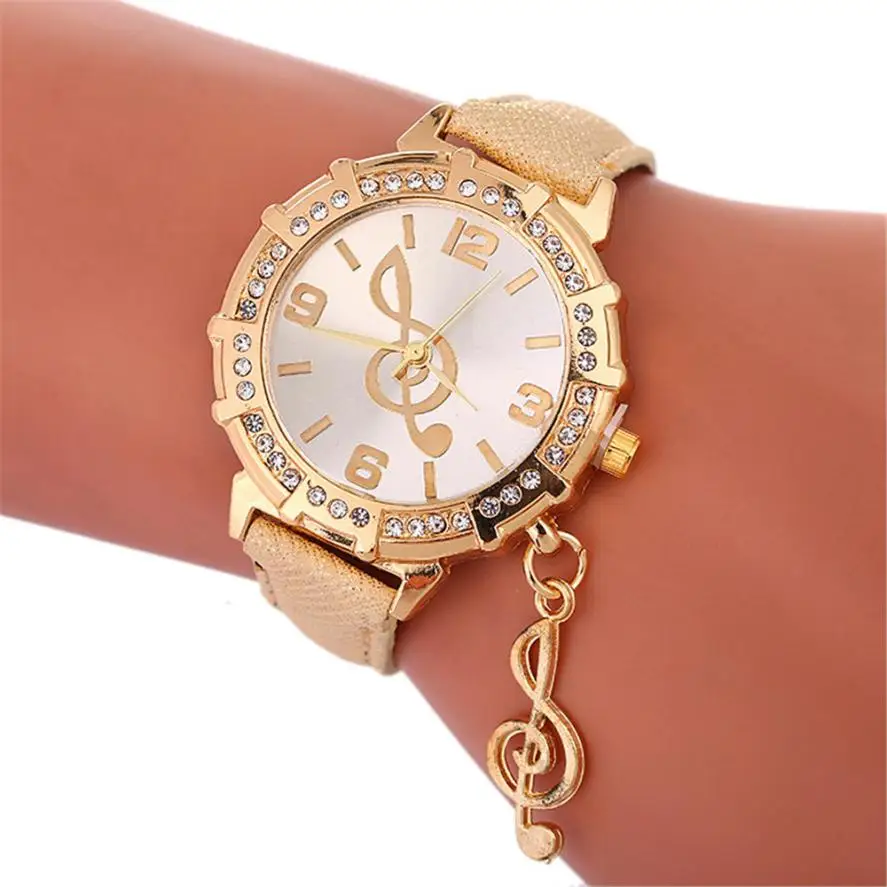 

2018 Hot sale Women Watches Gold Quartz Wrist Musical Symbols Rhinestone pendant Wrist Watch Female Clock relogio feminino A2