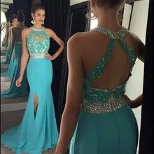 2016 Sexy Türkis Höhe Aufgeschlitzte Sexy Brautkleider Halter Kristall Appliques Blau Abendkleider Backless Celebrity Dress EE90