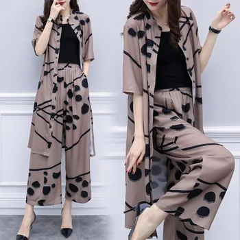 

New OL Commuter Ladies Suit Sexy Wave Point Large Size Cardigan Shirt + Wide Leg Pants Two-piece
