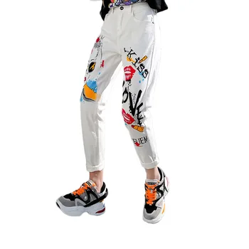 

Ankle-Length Stretch Printing Jeans Women Spring 2019 Pants Plus Size 32 Summer Washed Denim Women Jeans High Waist Trousers