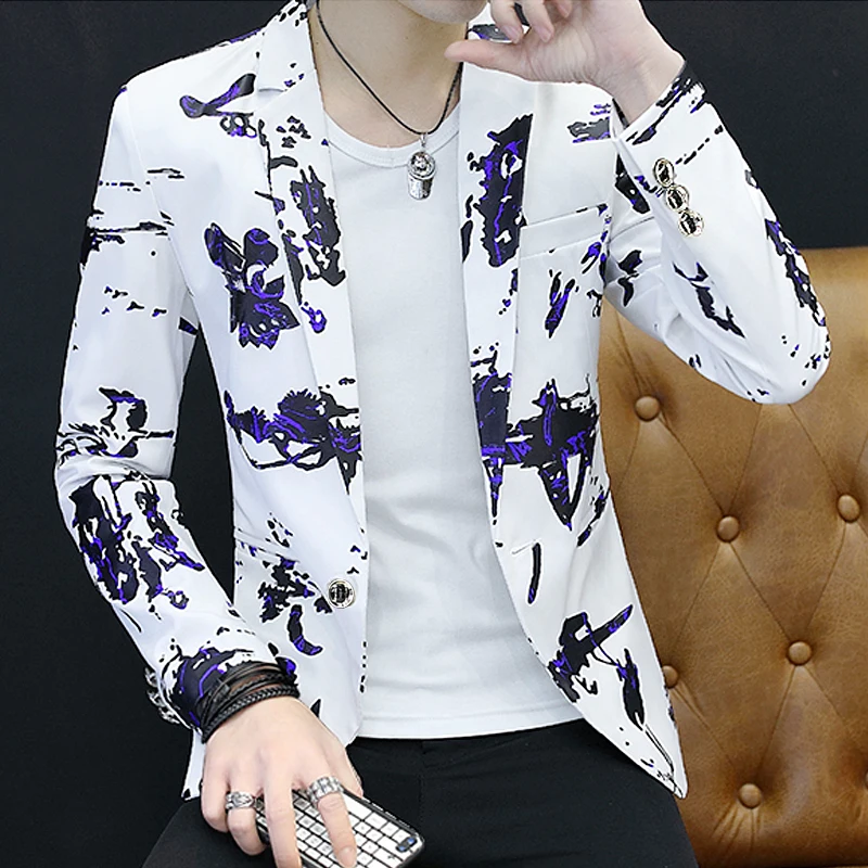OUYE Mens 1 Button Floral Casual Suit Jacket 