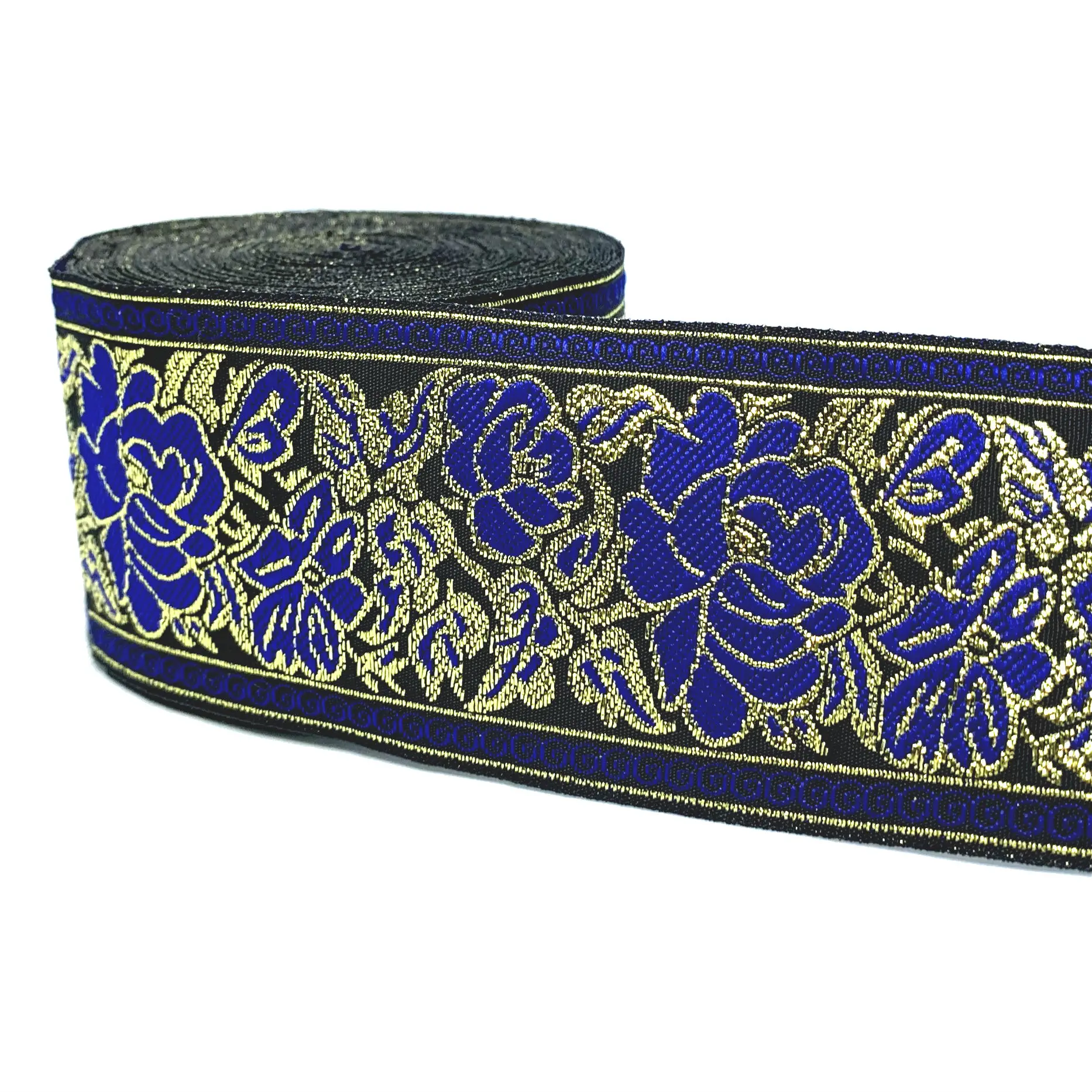 

ZERZEEMOOY 2 inch 50MM 9YARD Woven Jacquard Ribbon Gold Wire And Sapphire Blue Rose Handmade Accessories MZZD19060404