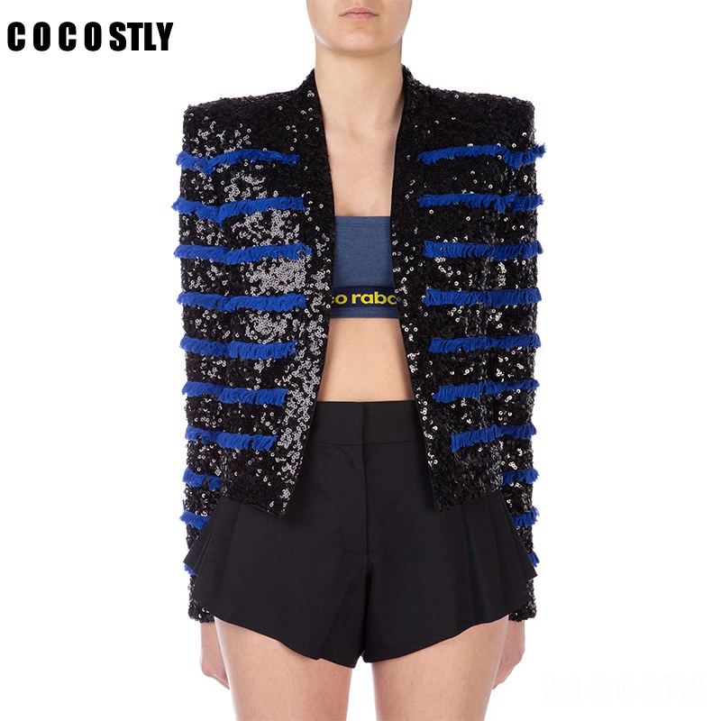 

Luxury Design European Autumn Outerwear Fashion Women Jacket Sequnined Tassel Cardigan Jackets Short Slim Coat High Quality