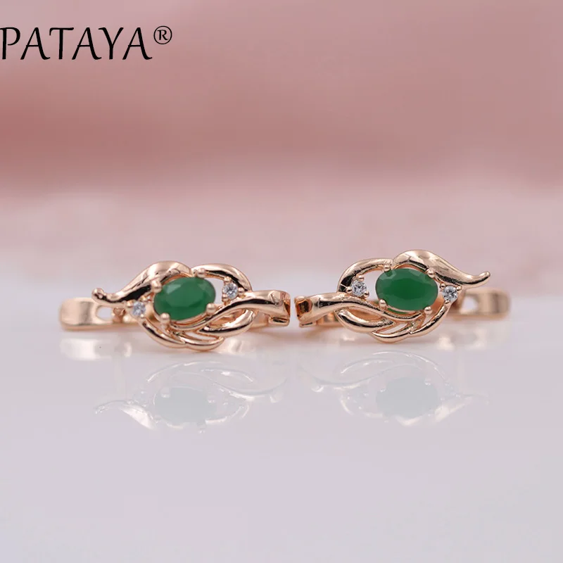 

PATAYA New Arrivals 585 Rose Gold Green Oval Natural Zircon Vintage Dangle Earrings Women Fine Jewelry Short Eardrop Accessories