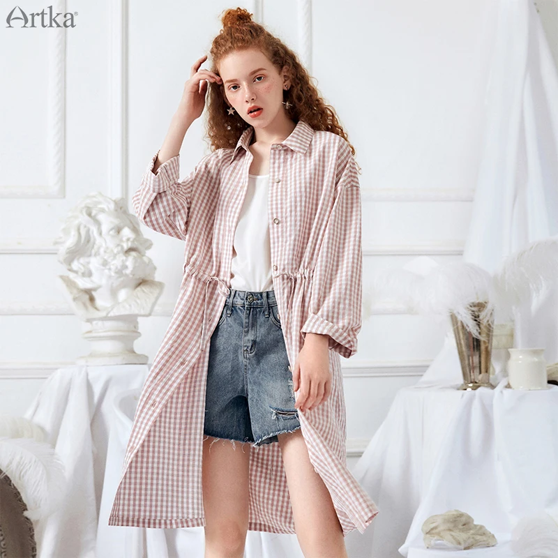 

ARTKA 2019 Spring Women Plaid Shirt Dress Casual Loose Cotton Turn Down Collar Girls Single-breasted Long Dress LA10298C