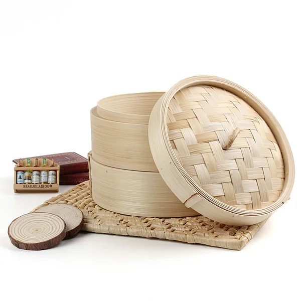 2 Tier Bamboo Steamer Chinese Dim Sum Basket Rice Pasta Cooker Set with Lid Kitchen Cookware