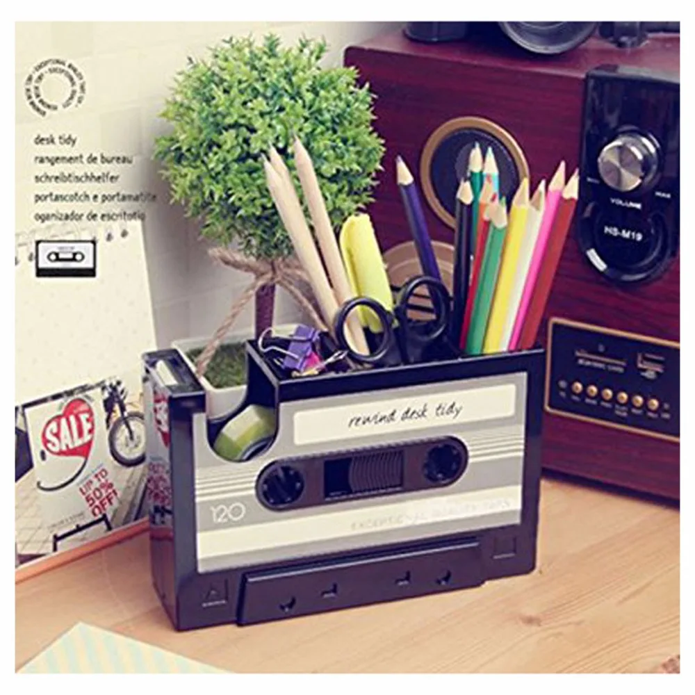 Creative Cassette Tape Dispenser Paper Clip Holder Desktop Pen Pencil