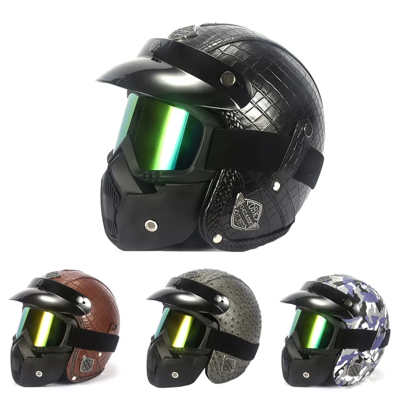 

GSPSCN Leather Harley Helmets Motorcycle Motorbike Sport Helmet Open Face Capacete Casco Helmet Modular with Goggle Mask