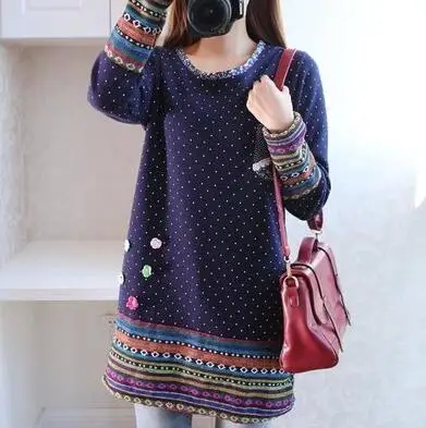 

2019 autumn winter kimono linen flannel splice rainbow striped shirt Elegant ladies polka dot blouse embroidery Flowers AD8