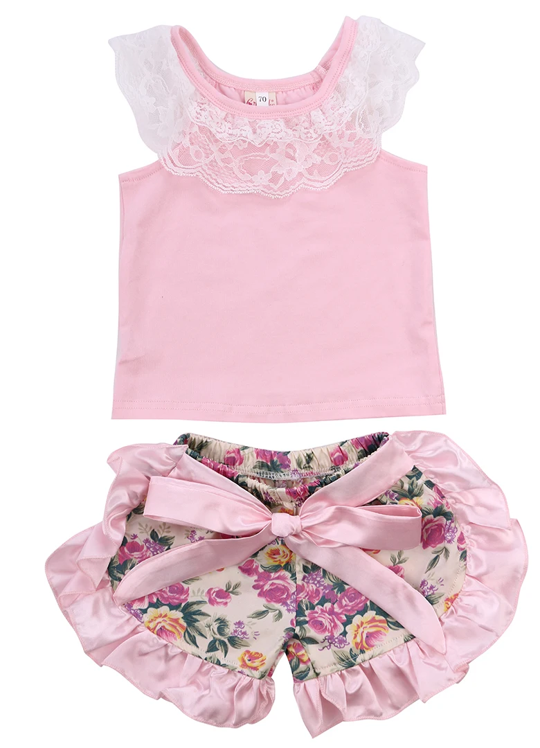 pudcoco 2017 summer Infant Baby Girl Lace Tops T shirt+Floral Shorts