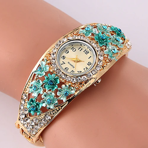 Популярный бренд роскошных женских цветов золотого цвета Хрустальный Браслет аналоговые кварцевые платья Наручные часы