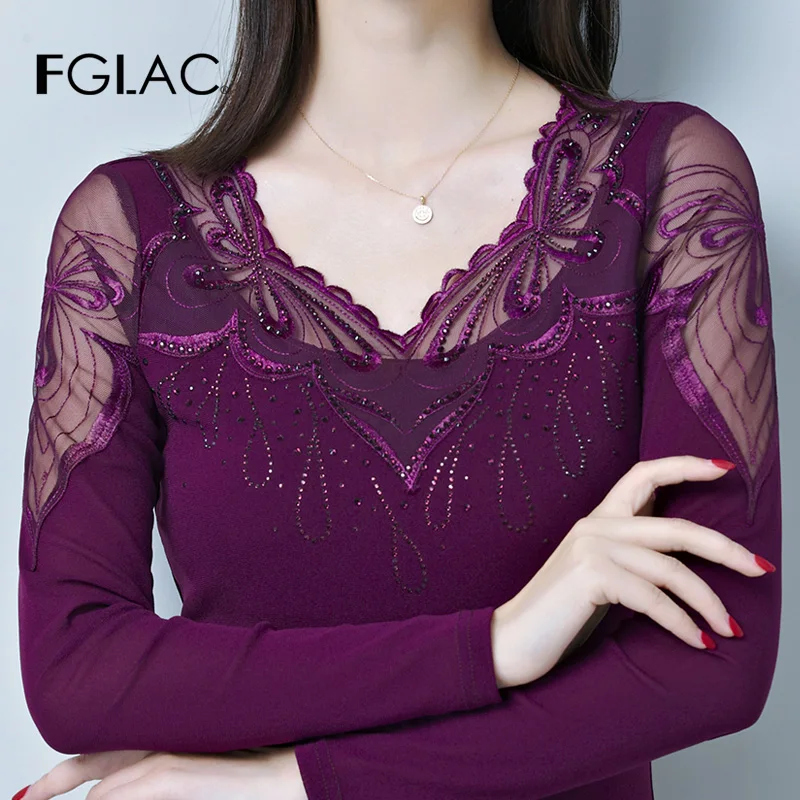Women blouse shirt New 2019 women blouses long sleeve Mesh shirt Slim Hollow out lace blouse plus size blouse women tops blusas