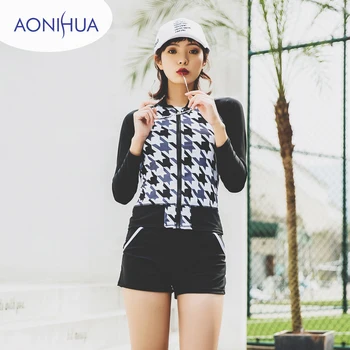 

AONIHUA Three Piece Swimsuits Women Vintage Palm wave Print Long sleeve Swimwear female Retro Surfing Bathing Suit