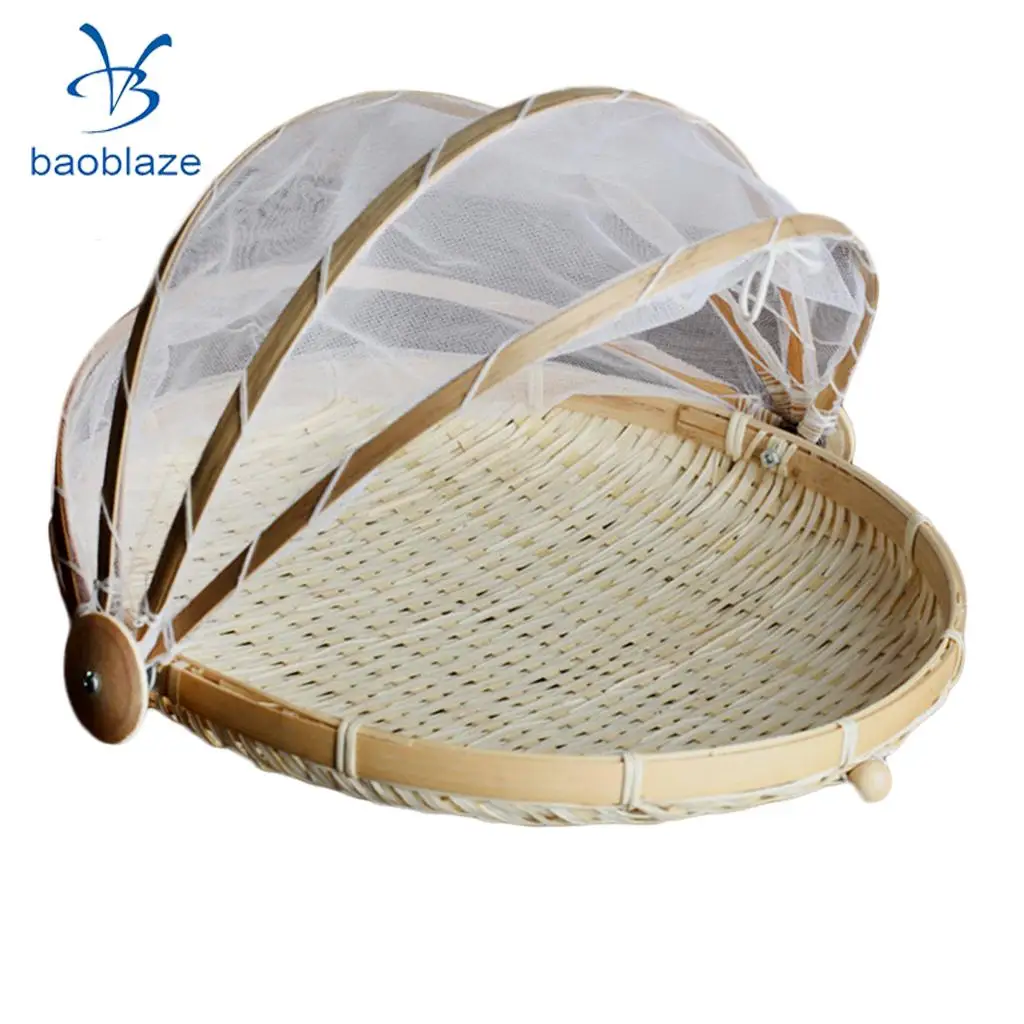 2xBamboo Tent Basket Serving Food Outdoor Picnic Pop Up Mesh Net Cover Round