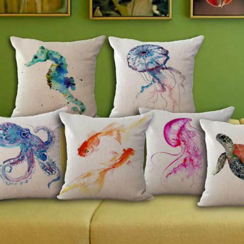 

Marine Organisms Turtle Mizuki Goldfish Cotton Linen Cushion Home Decoration Sofa Chair Seat Cushion No Inner Filling