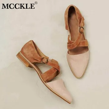 

MCCKLE Women Pointed Toe Flock Cross Strap Pump Buckle Female Casual Solid Spring Autumn Footwear Comfortable Retro Ladies Shoes
