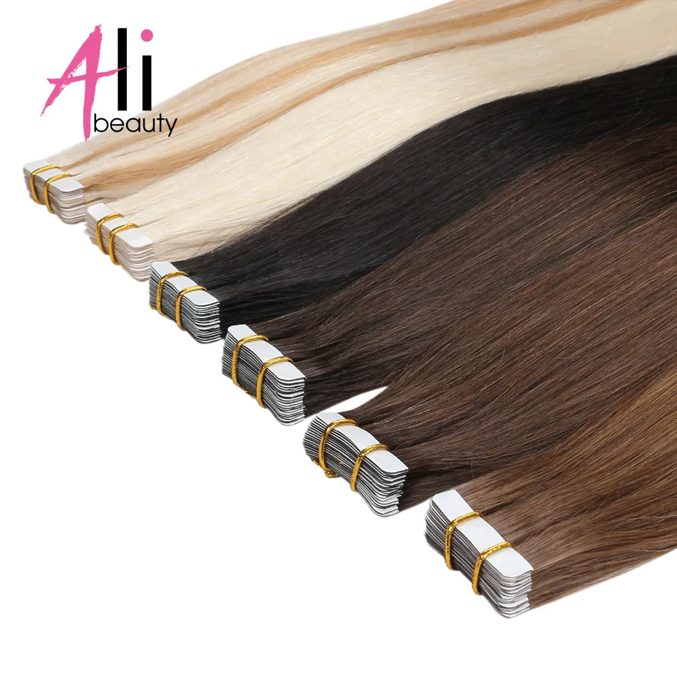 

ALI BEAUTY Tape In Human Hair Extensions Machine Remy Straight On Adhesive Invisible PU Weft Platinum Blonde Color #613 40g/Set